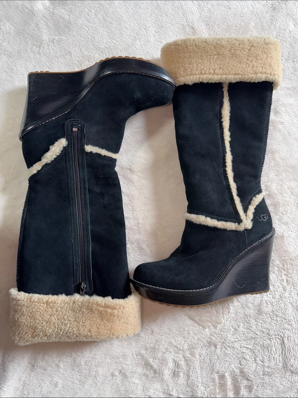 UGG Australia Aubrie Suede Shearling Wedge Knee High Boots Black Size 9.5